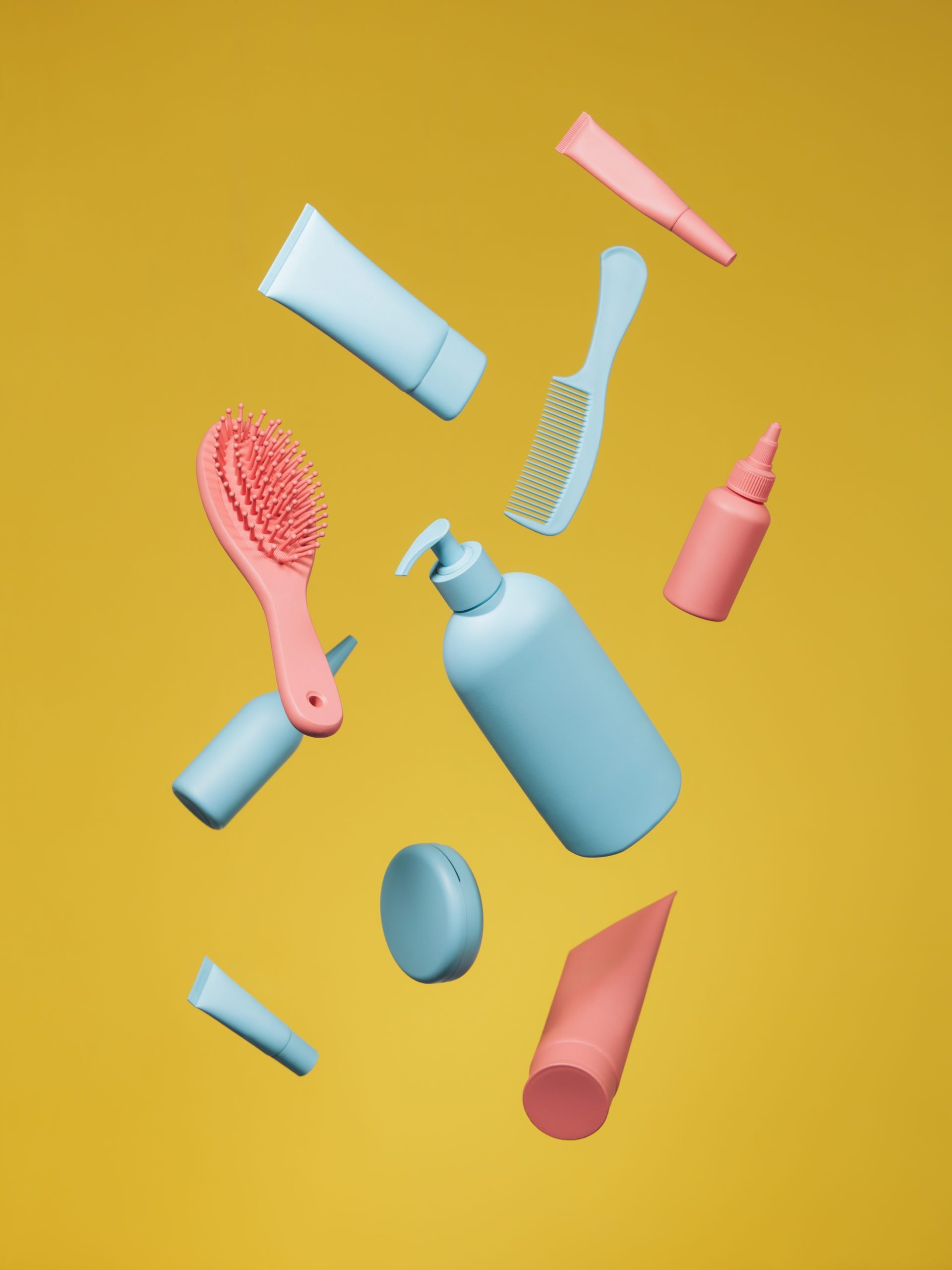 beauty products on yellow background
