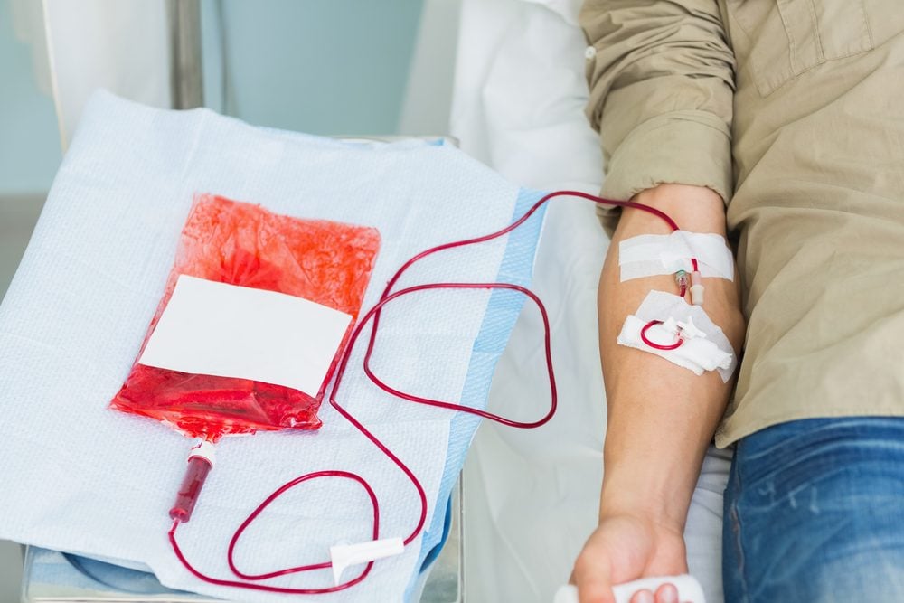 Close up on a donor blood bag in hospital ward