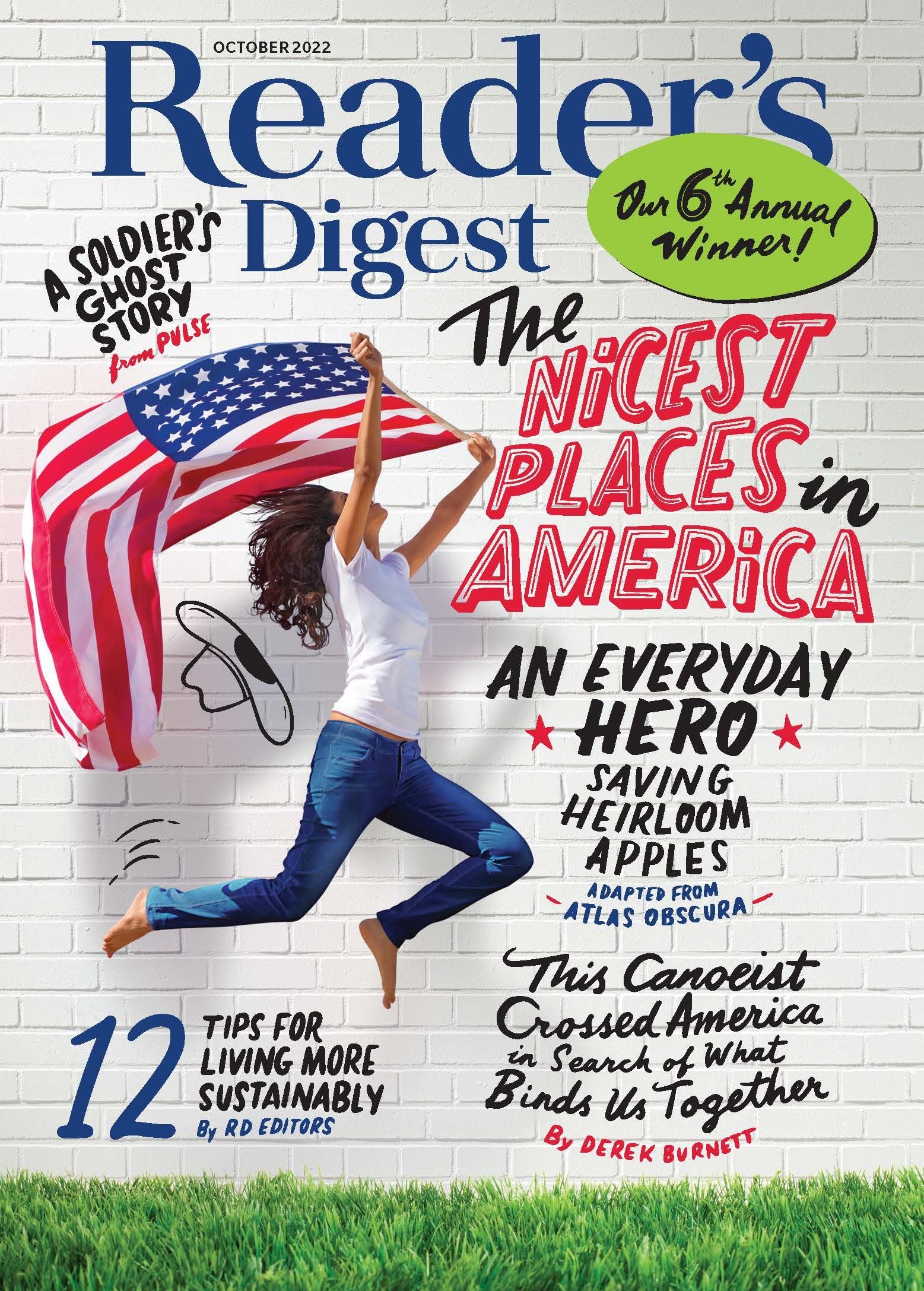 Reader's Digest Nicest Places promotional image, with a woman in a white t-shirt and jeans jumping while holding an American flag.