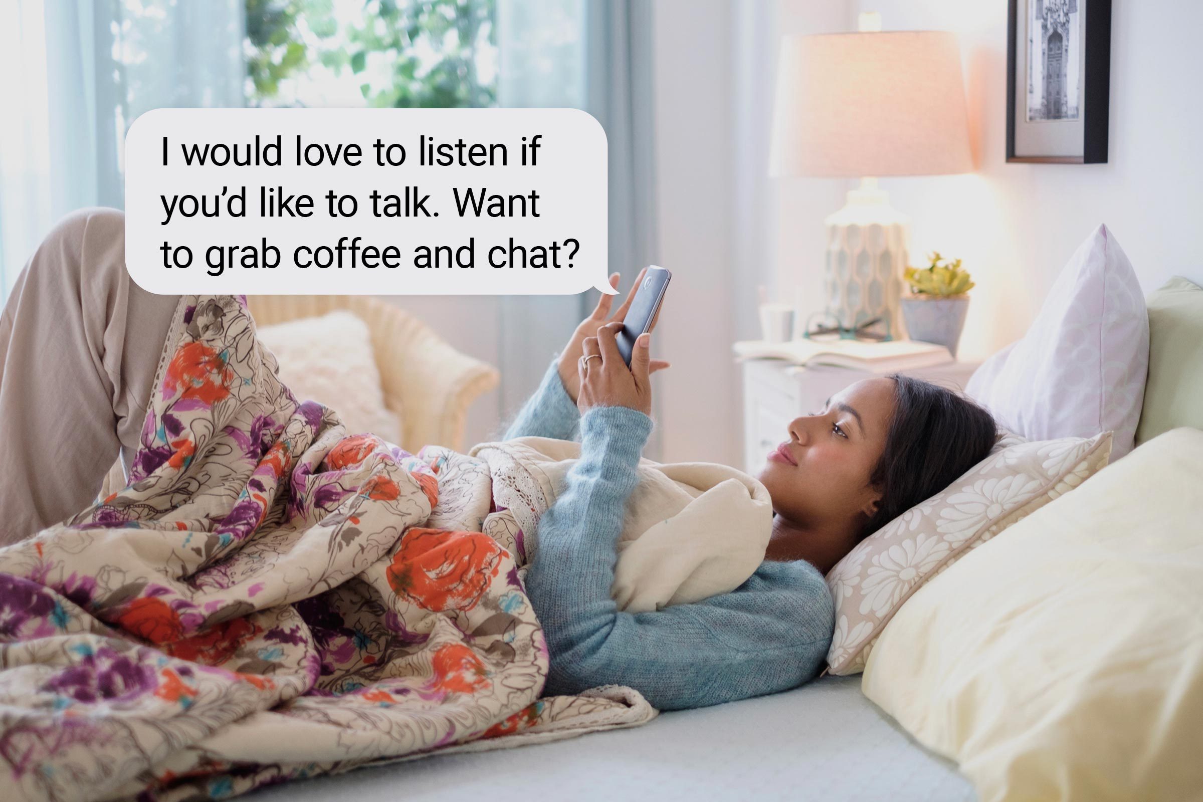 Speech bubble text: "I would love to listen if you'd like to talk. Want to grab coffee and chat?"