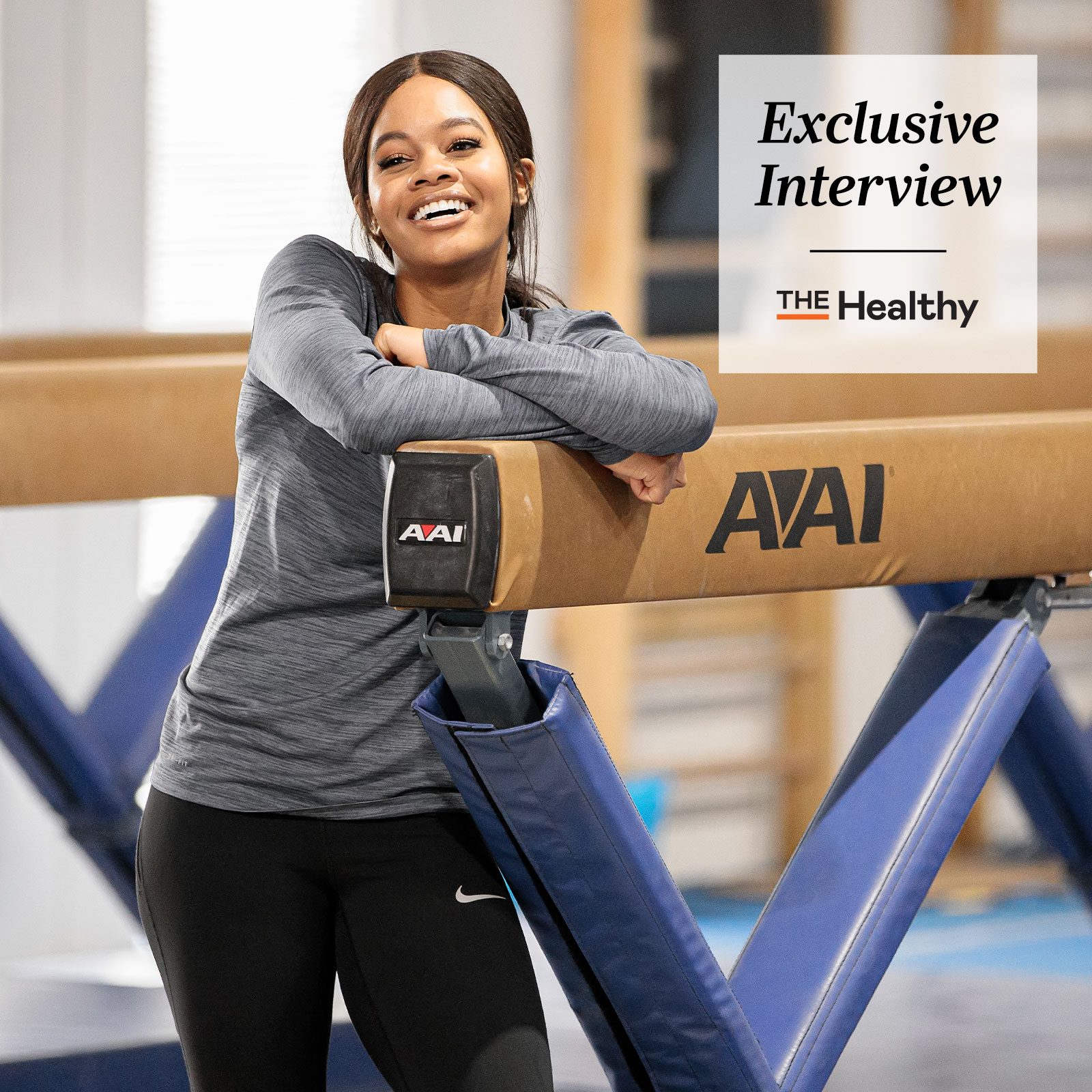Gabby Douglas with balance beam and the healthy exclusive interview logo