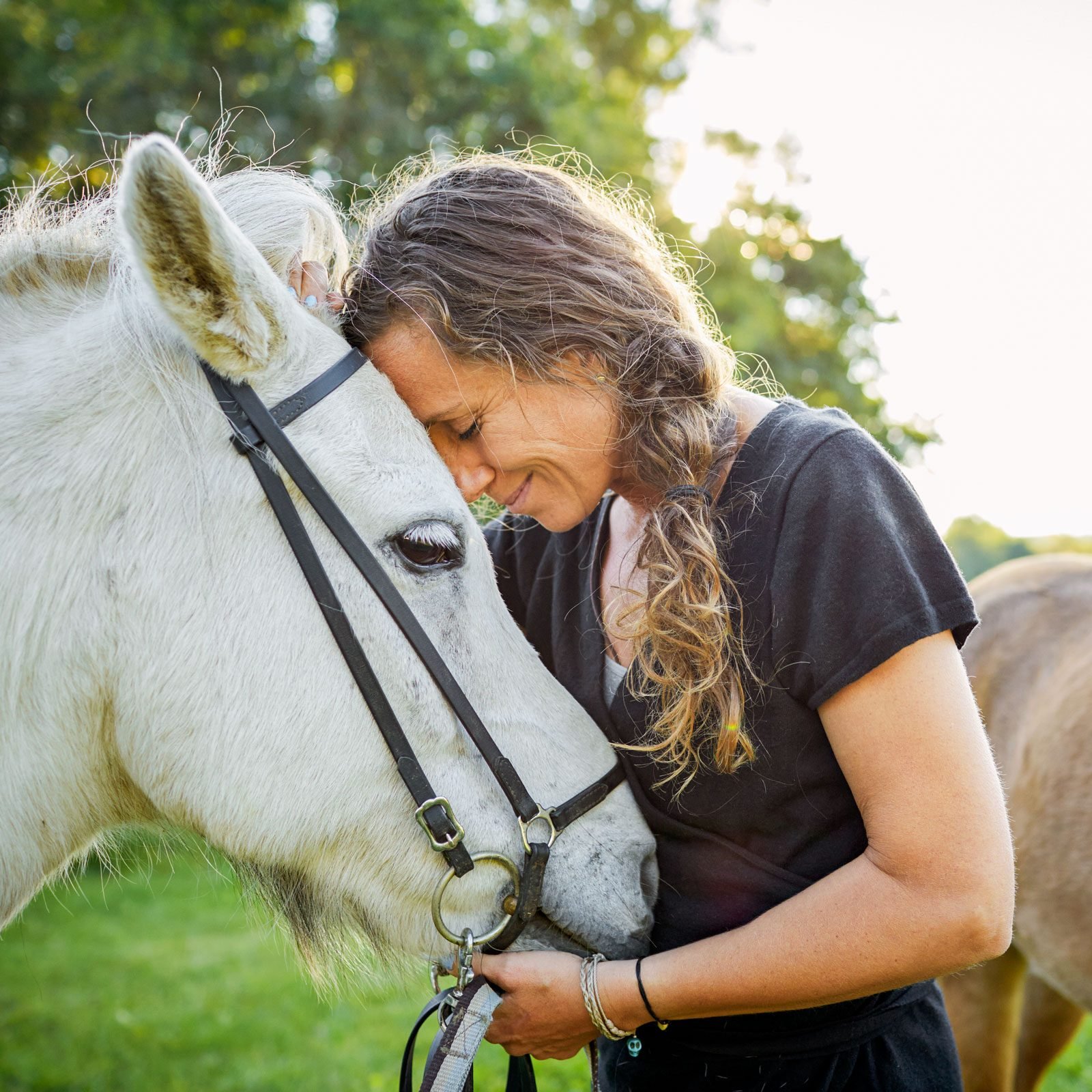 woman with a white horse in horse therapy