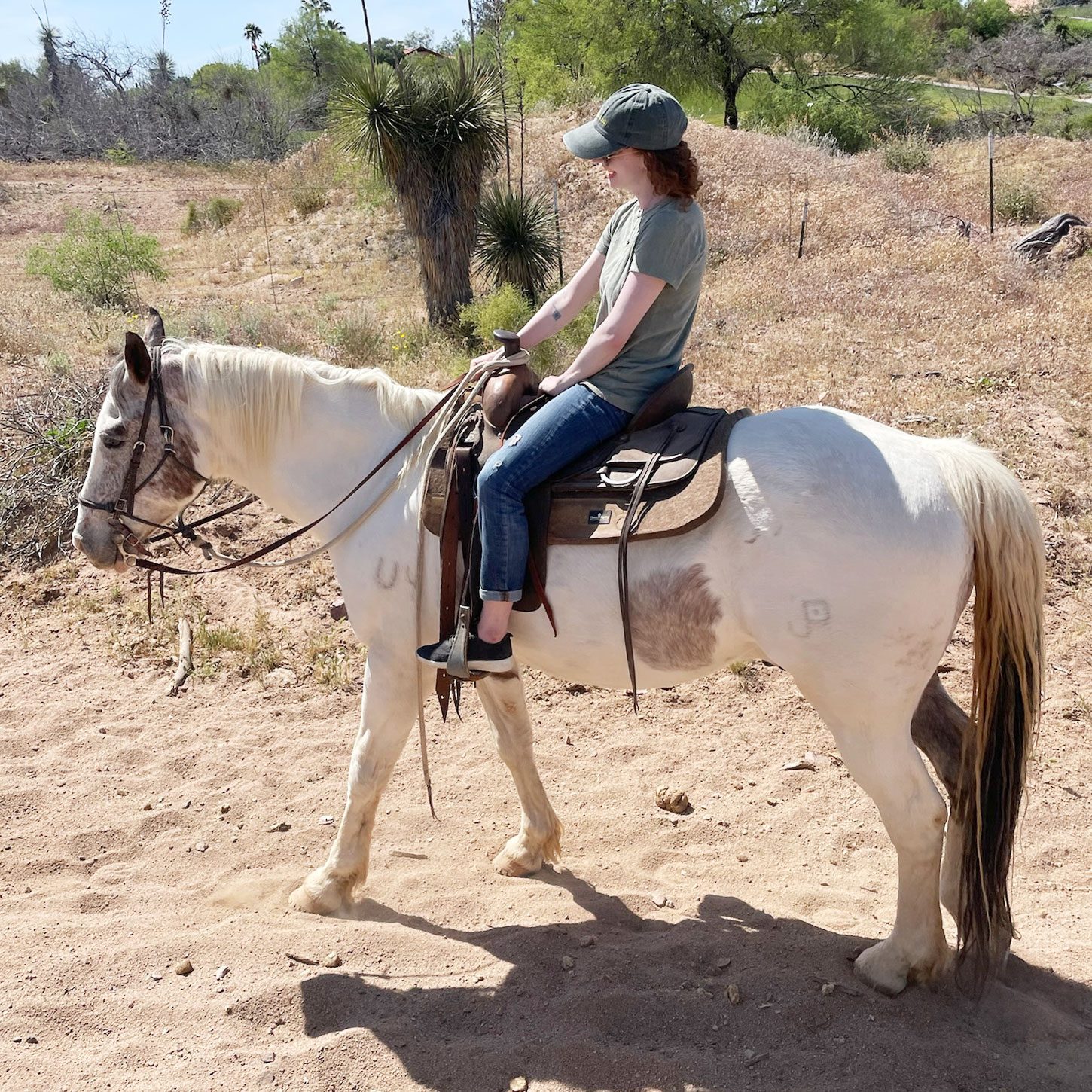 woman riding a white horse in the desert for horse therapy
