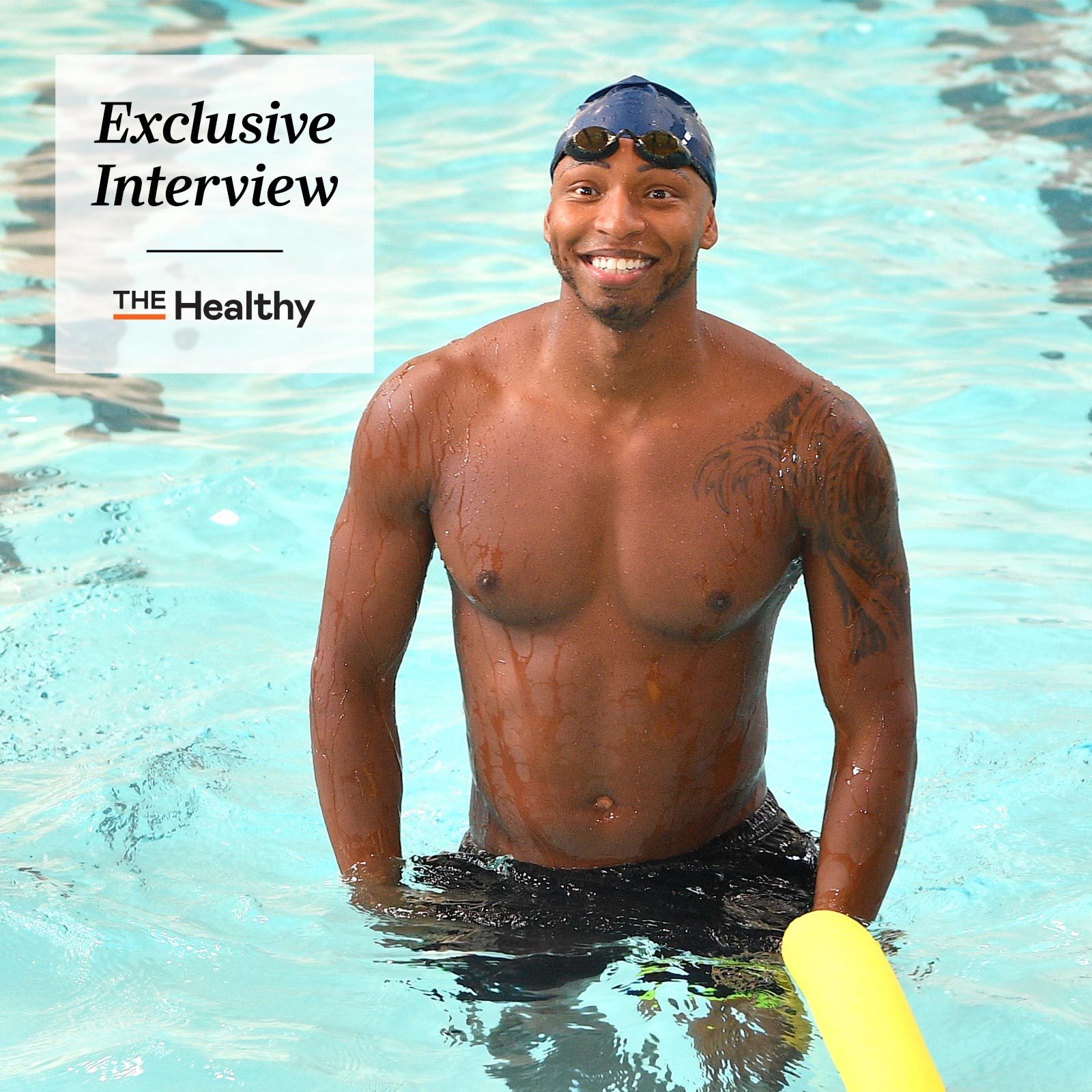 Cullen Jones, Olympic Swimmer, in a pool with The Healthy Exclusive interview logo in upper left corner