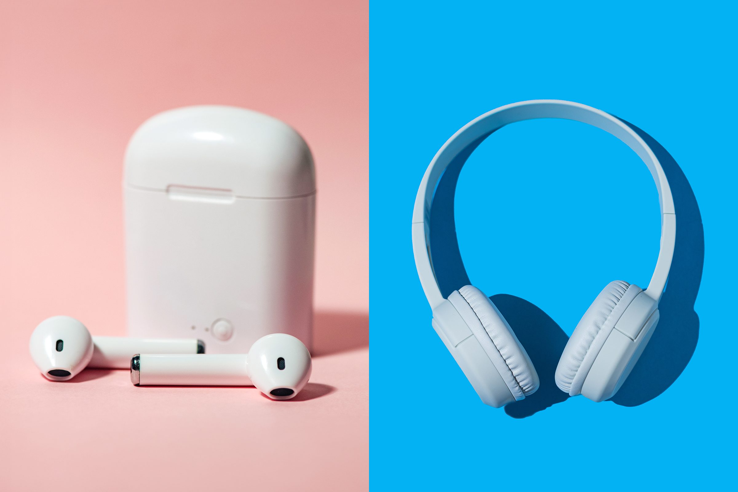 side by side of earbuds on a pink background and headphones on a blue background