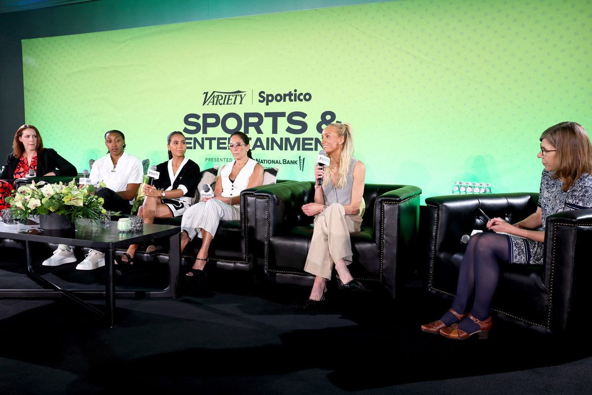 A panel of women, including Nastia Liukin, speak onstage during the 'Women’s Sports Rising Roundtable' at Variety + Sportico's Sports and Entertainment Summit, presented by City National Bank, at The Beverly Hilton on July 12, 2024 in Beverly Hills, California.