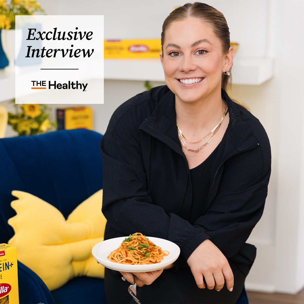 Shawn Johnson with a bowl of Barilla Protein+ pasta