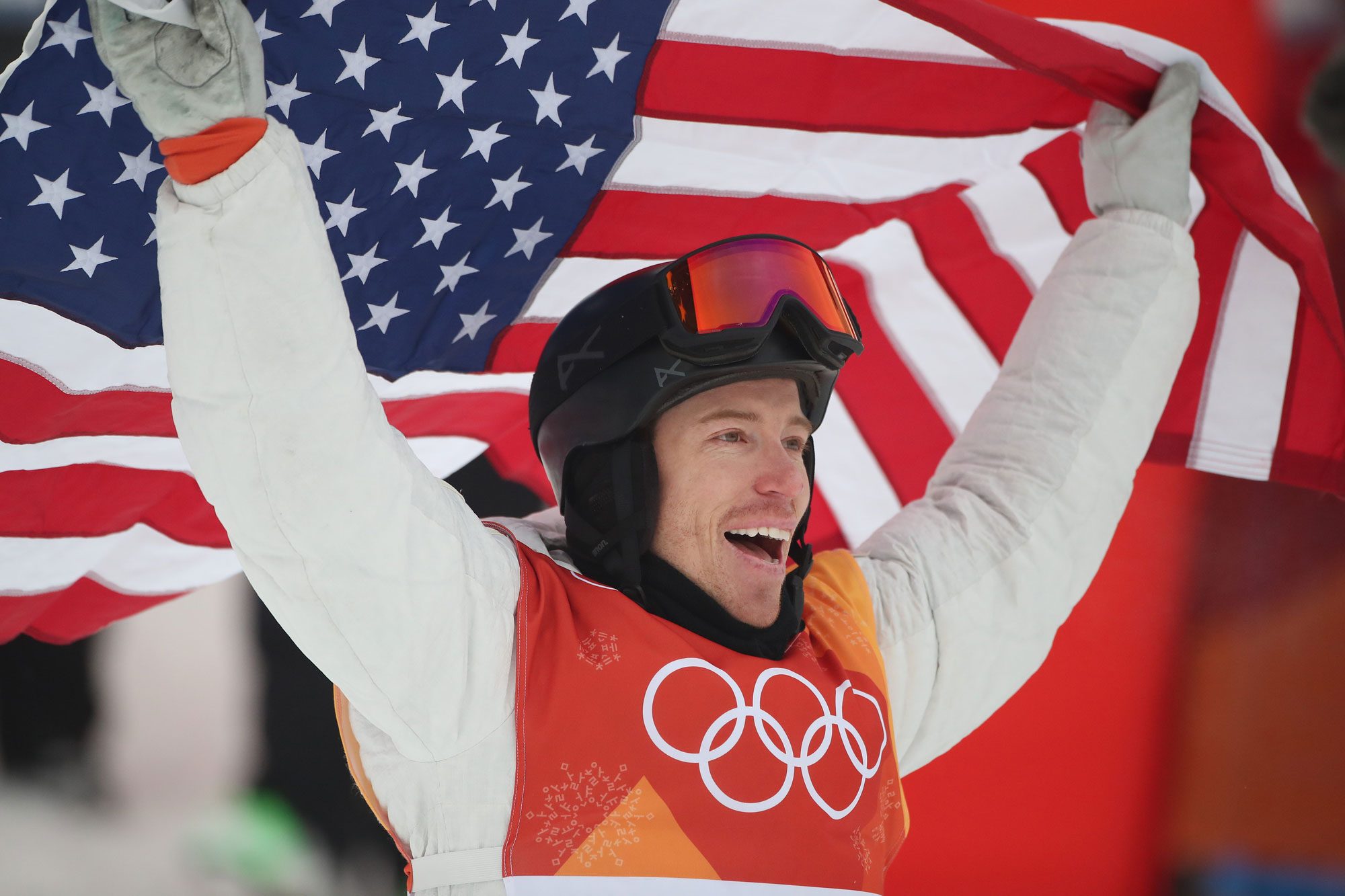 Shaun White Of The United States Celebrates With The American Flag